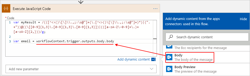 Screenshot showing the Consumption workflow, Execute JavaScript Code action, dynamic content list, and email message's "Body" property selected.