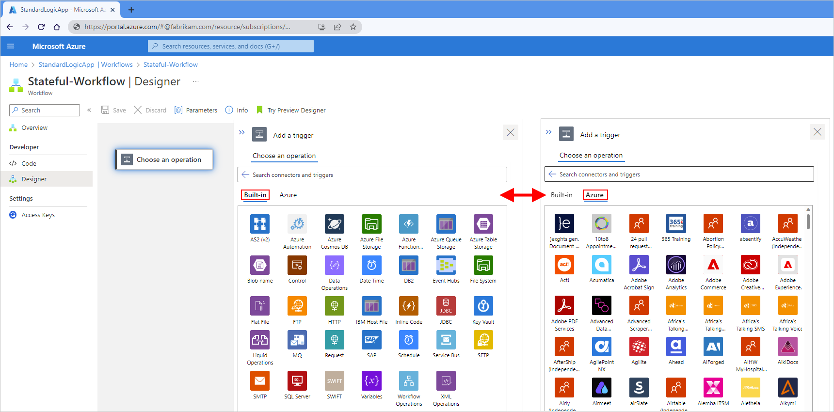 Screenshot showing the Azure portal, Standard logic app workflow designer, and the available connectors based on whether the Built-in tab or Azure tab is selected.