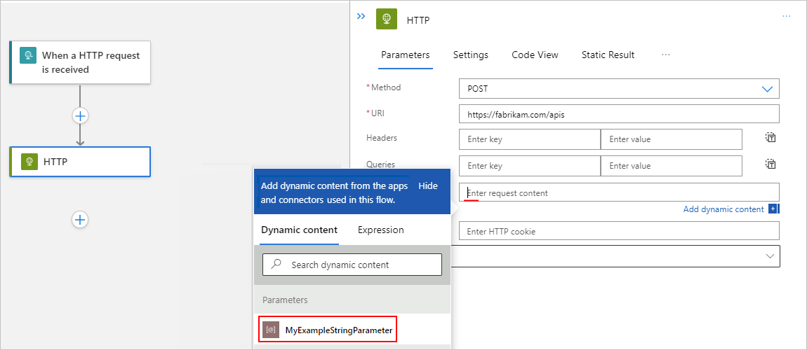 Screenshot showing example action with the cursor in property edit box, expanded dynamic content list, and previously created parameter selected.