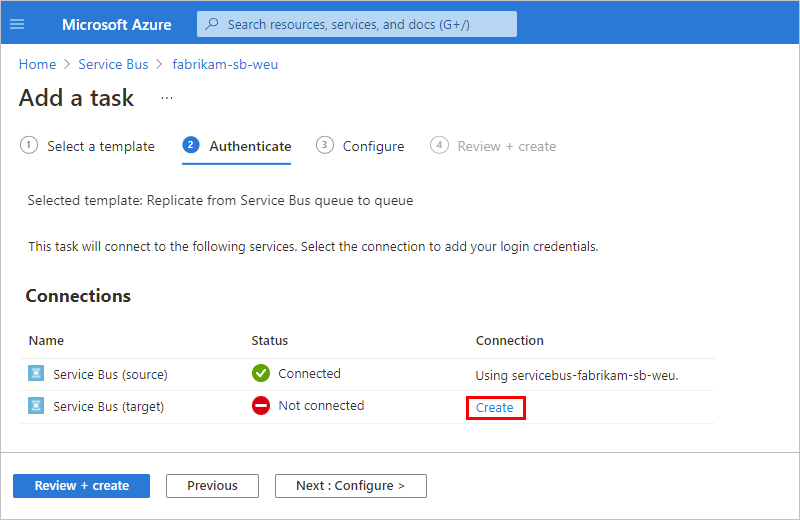 Screenshot showing selected "Create" option for the connection to the target Service Bus namespace.