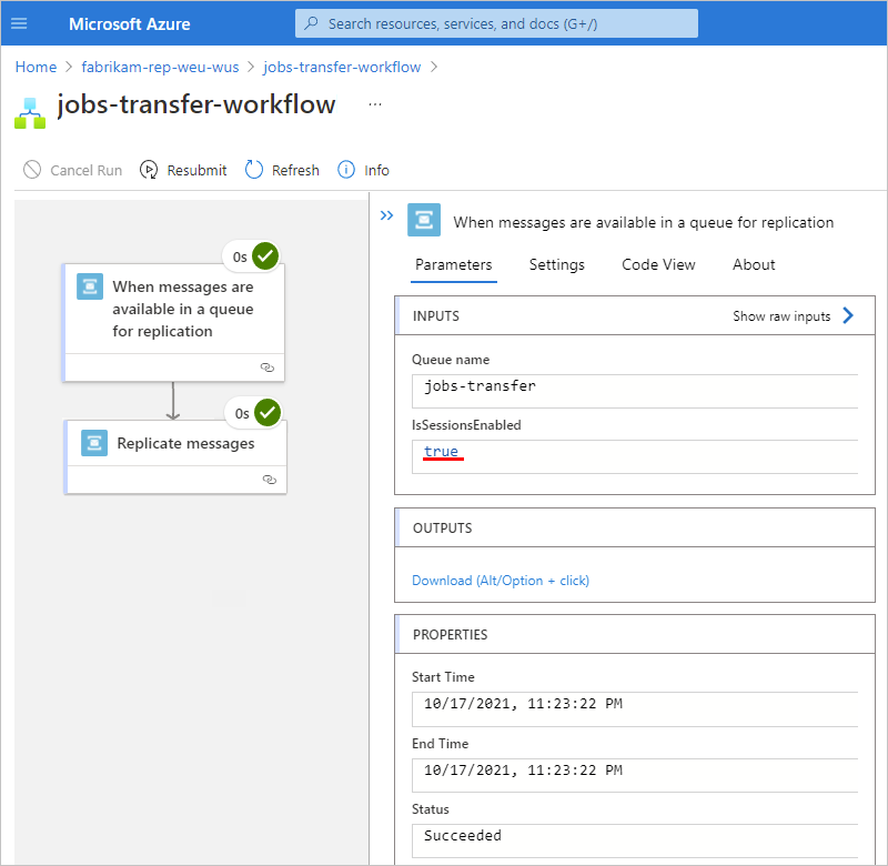 Screenshot showing the workflow's run details with the trigger's inputs, outputs, and properties.