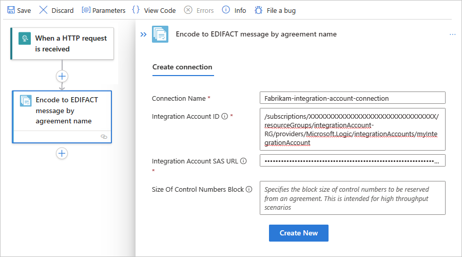 Screenshot shows Standard workflow and connection pane for action named Encode to EDIFACT message by agreement name.