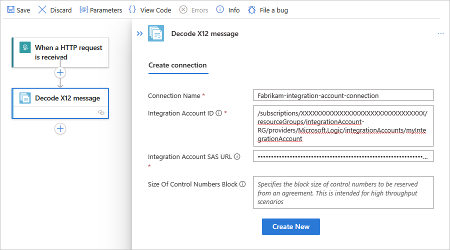 Screenshot showing Standard workflow and connection information for action named Decode X12 message.