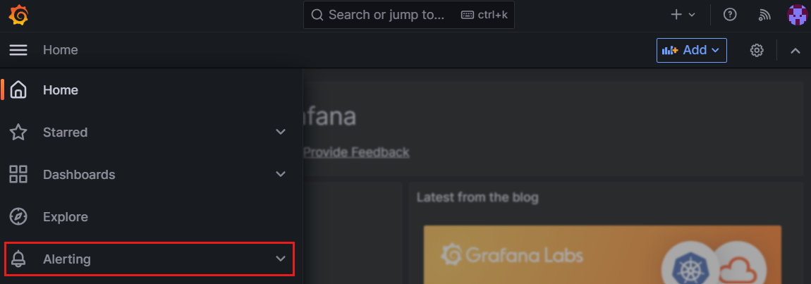 Screenshot of the Grafana interface showing the unified alerting menu.