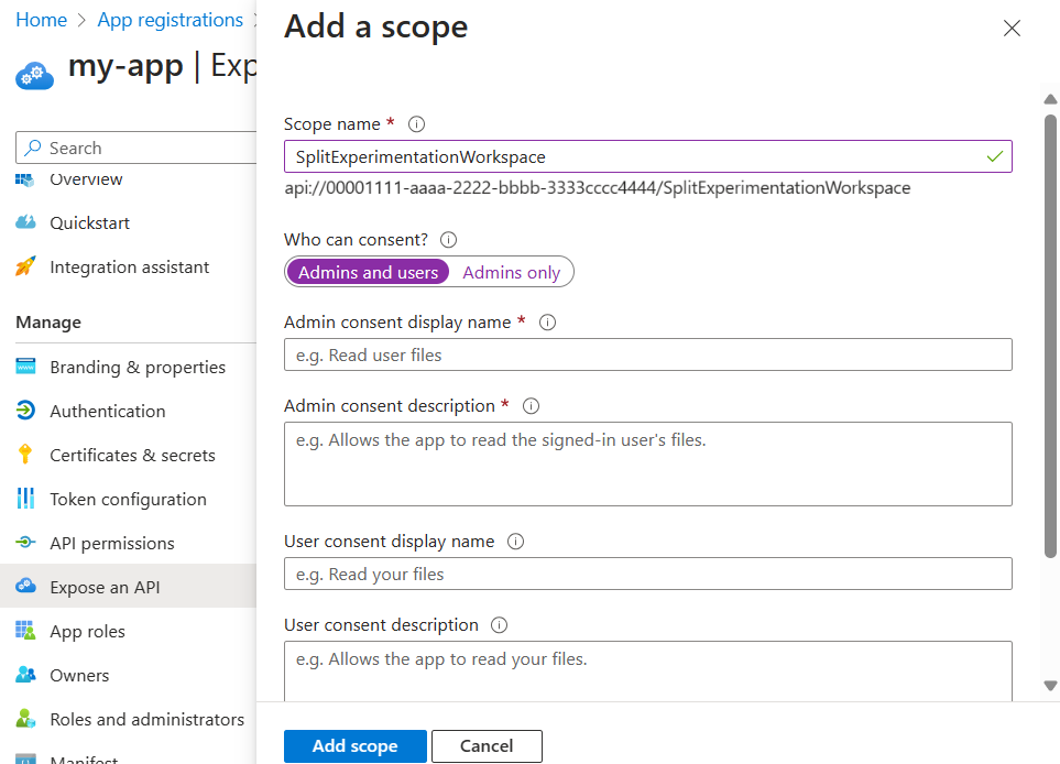 Screenshot of the Microsoft Entra admin center showing how to add a scope.