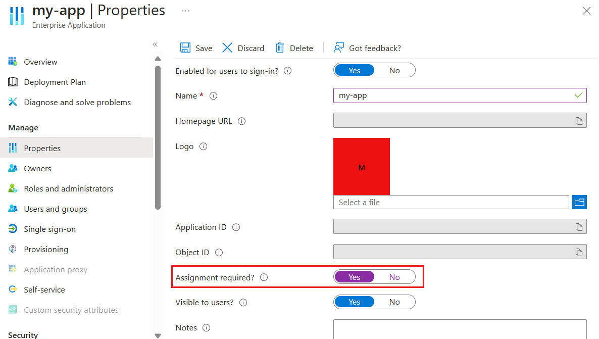 Screenshot of the Microsoft Entra admin center showing how to require an assignment.