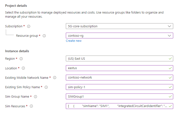 Screenshot of the Azure portal showing the configuration fields for the SIMs ARM template.