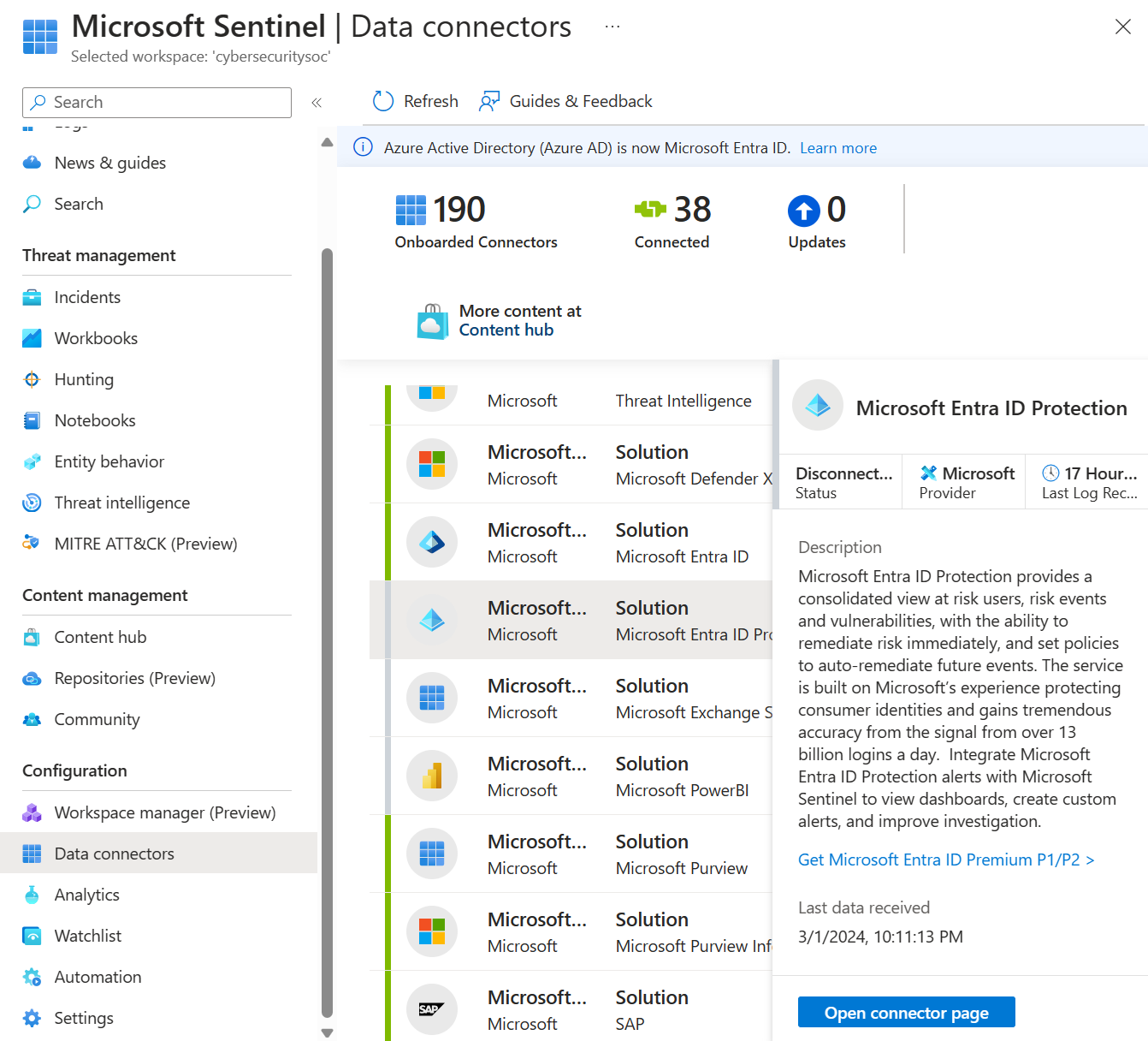 Screenshot of data connector details page with open connector page button.