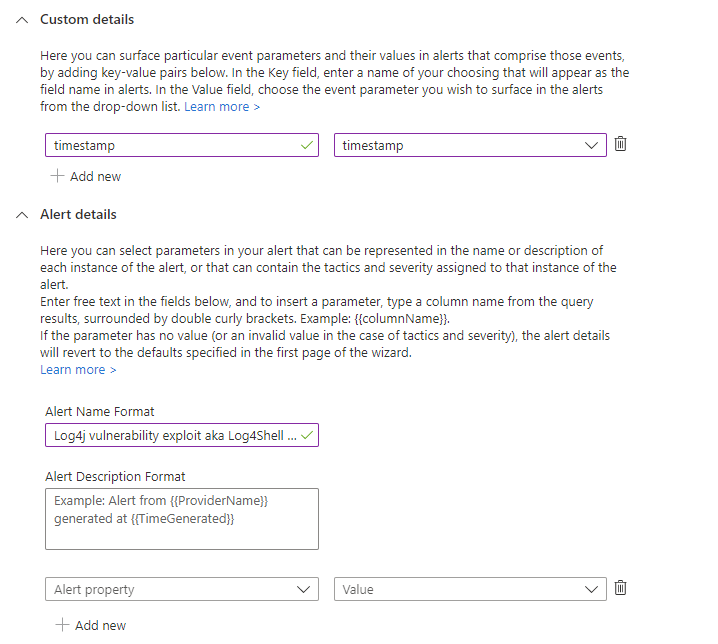 Screenshot of custom details and alert details configurations.