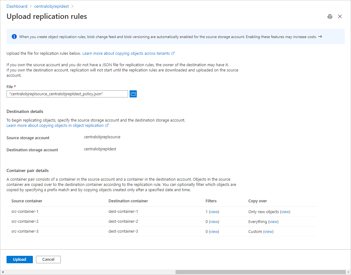 Screenshot showing how to upload a JSON file to define a replication policy