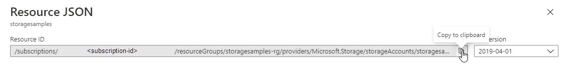 Screenshot showing how to copy the resource ID for the storage account from the portal
