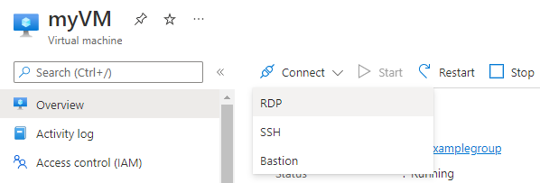 Screenshot showing the Connect button on the Azure portal with R D P highlighted.