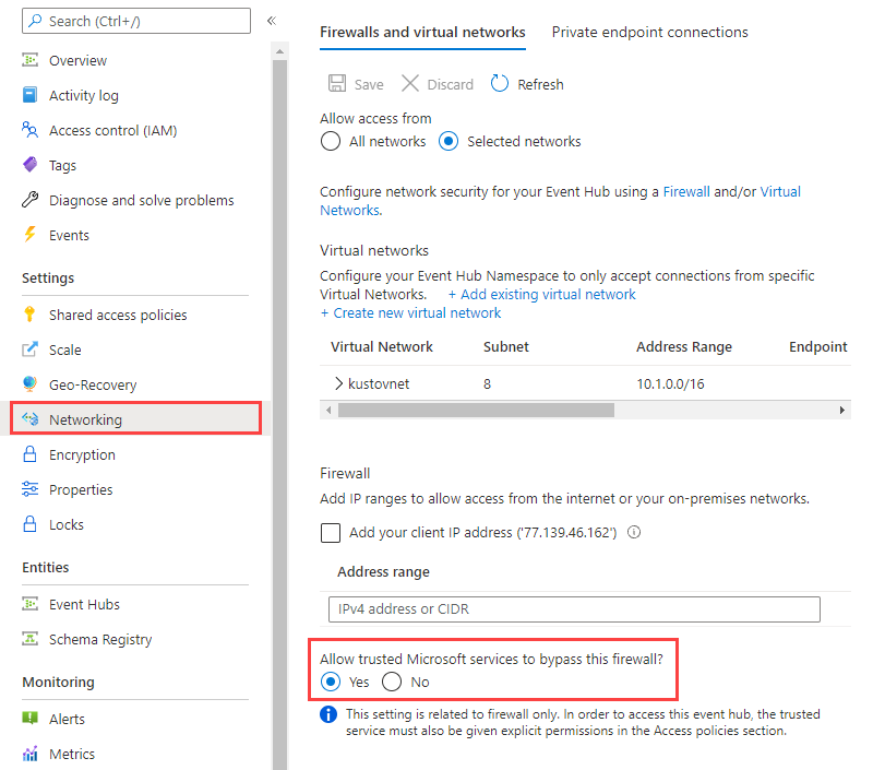 Screenshot of the Event Hub networking page, showing the selection of allowing access to trusted services.