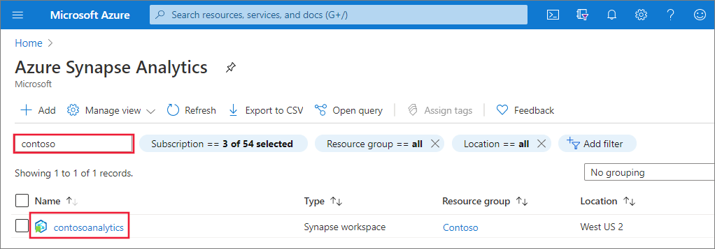 Listing of Synapse workspaces filtered to show those containing the name Contoso.