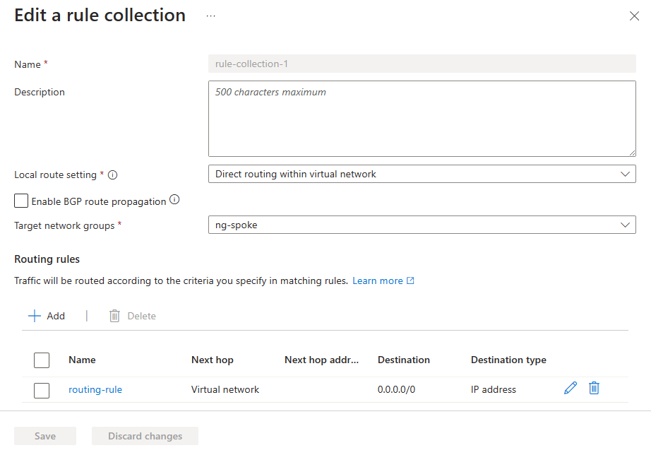 Screenshot of a configured rule collection with a routing rule.