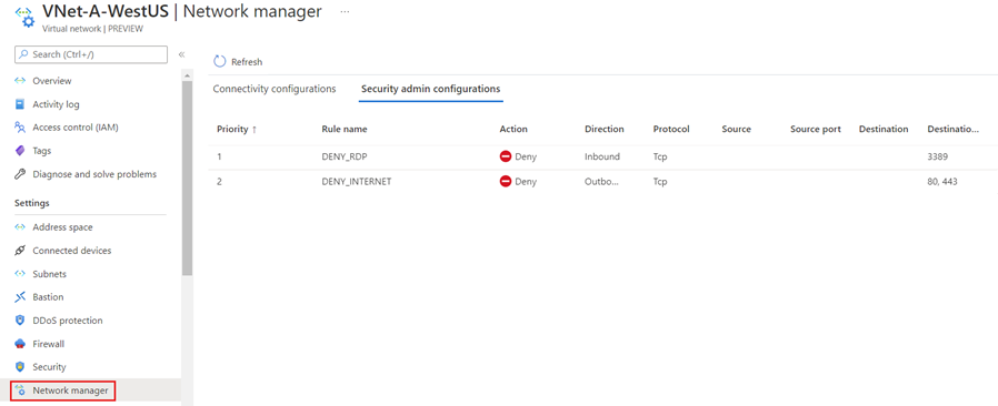 Screenshot of security rules associated to a virtual network.