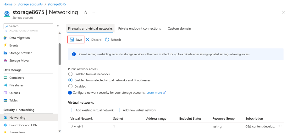 Screenshot of storage account screen and confirmation of subnet restriction.