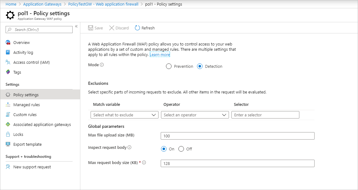 WAF policy settings