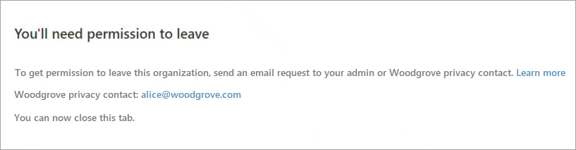 Screenshot showing the message when you need permission to leave an organization.