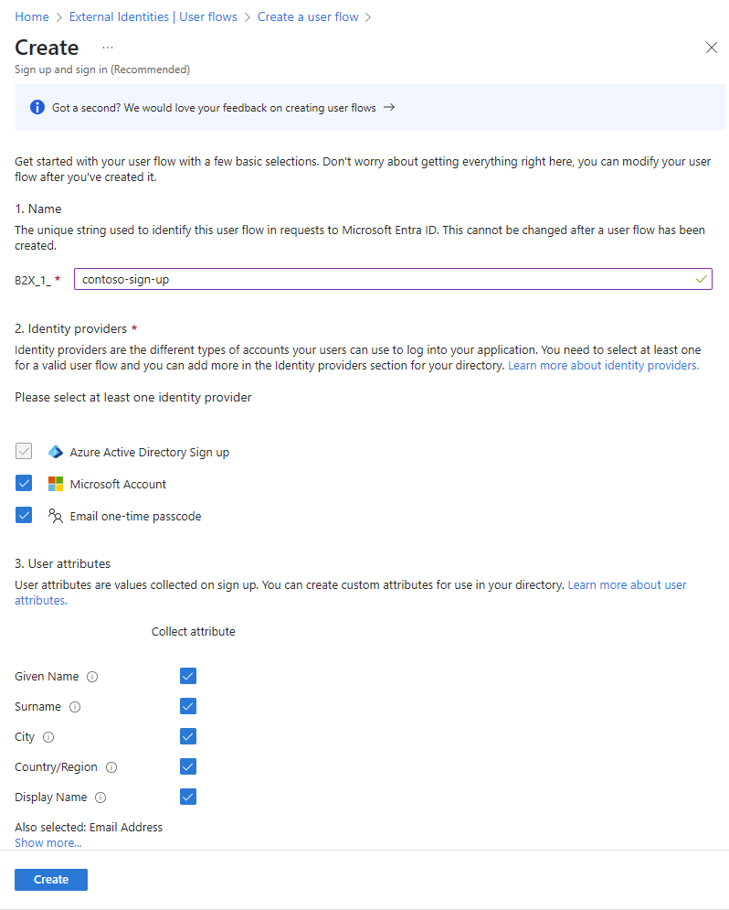 Screenshot of the new user flow creation page. 