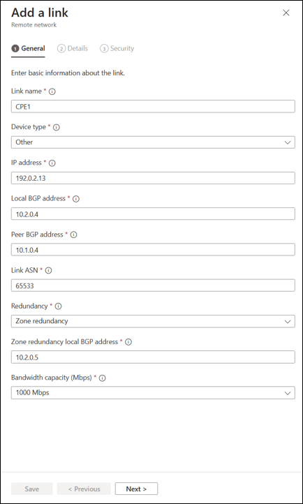 Screenshot of the general tab of the create device link process.