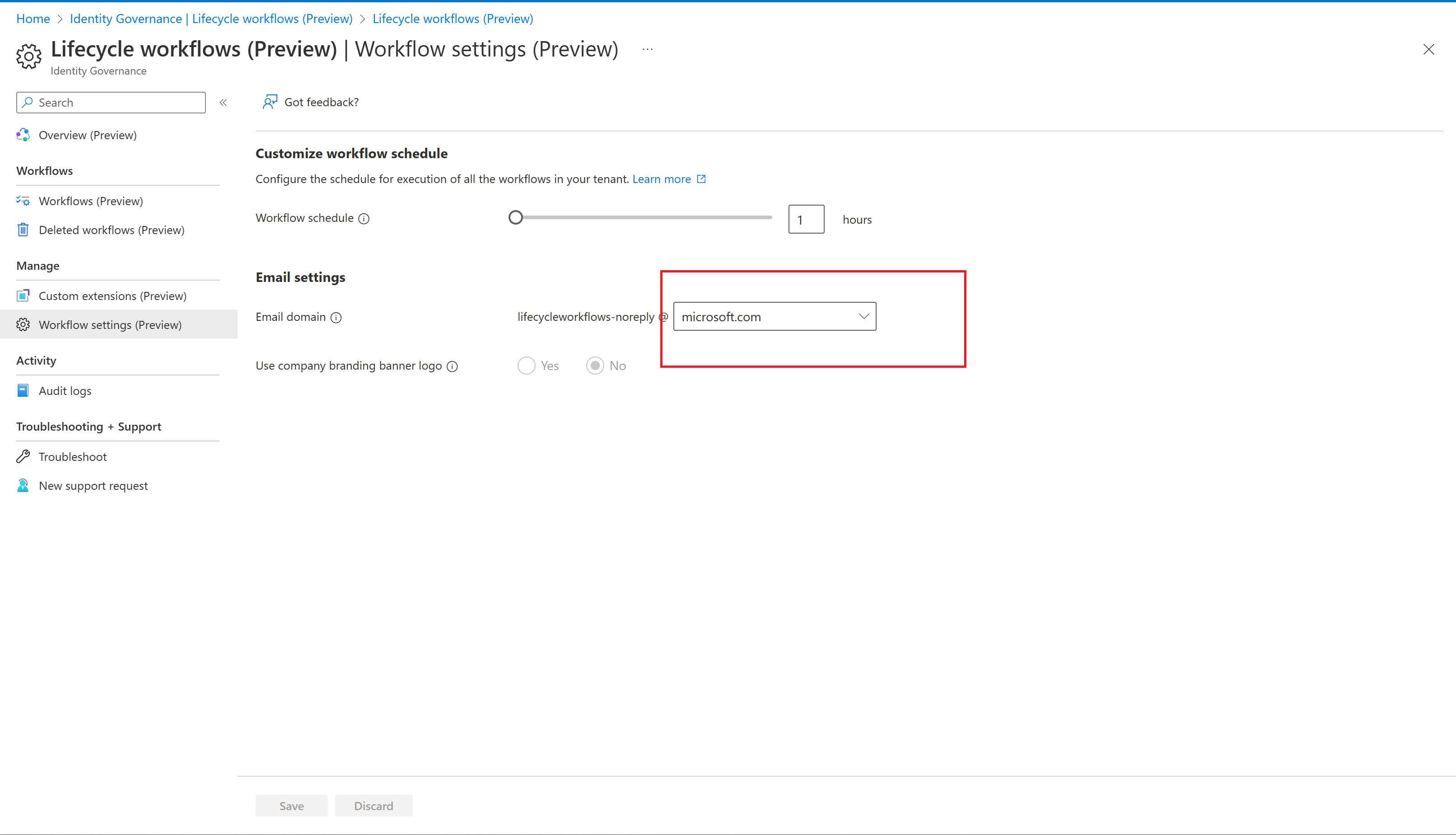 Screenshot of workflow domain settings.