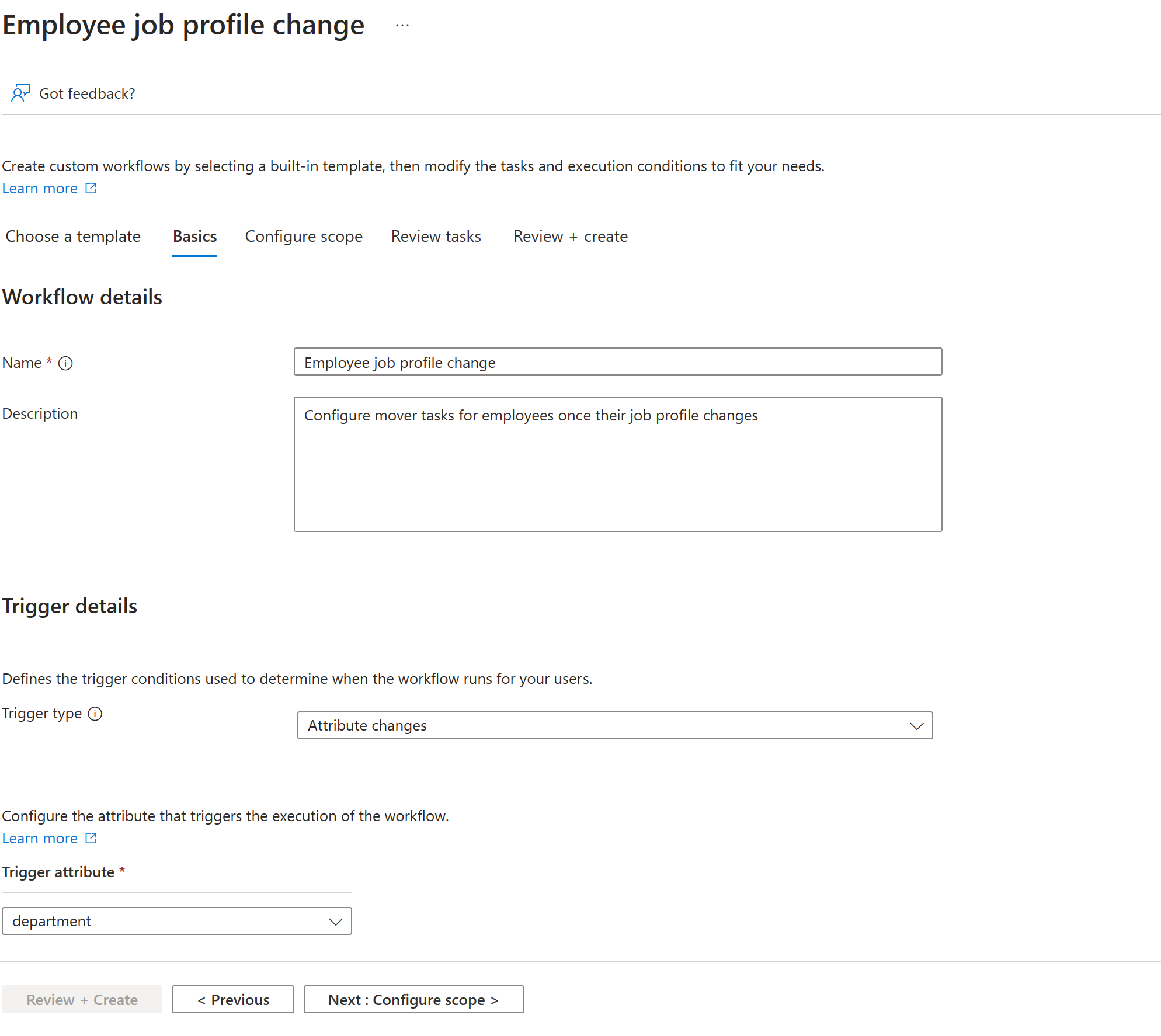 Screenshot of setting attribute change membership trigger in template.