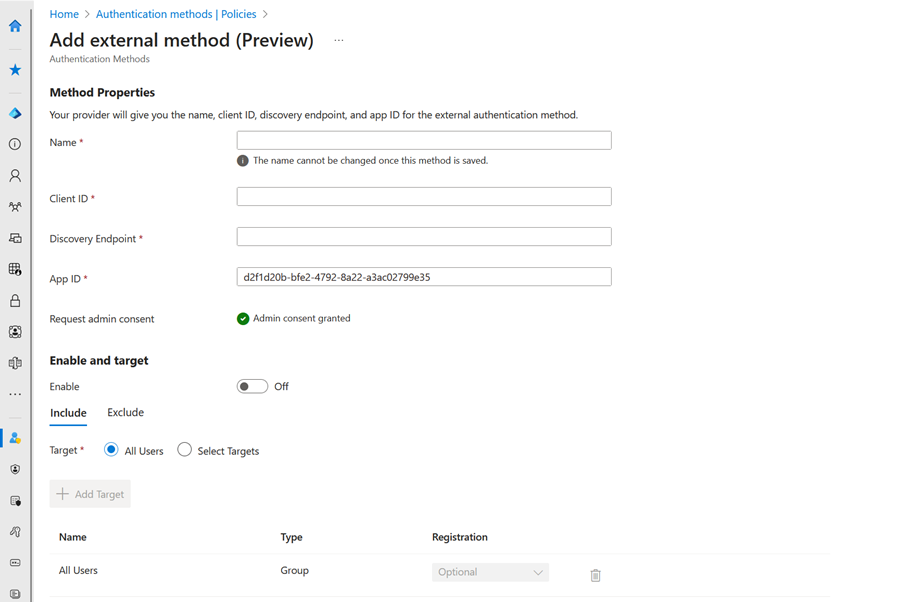 Screenshot of Authentication methods policy after consent is granted.