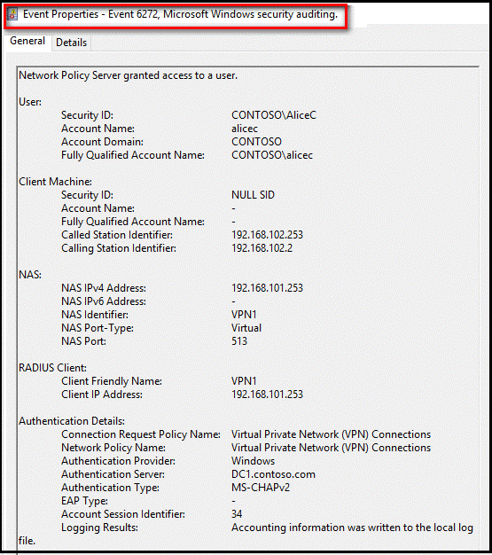 Event Properties window showing a successful connection