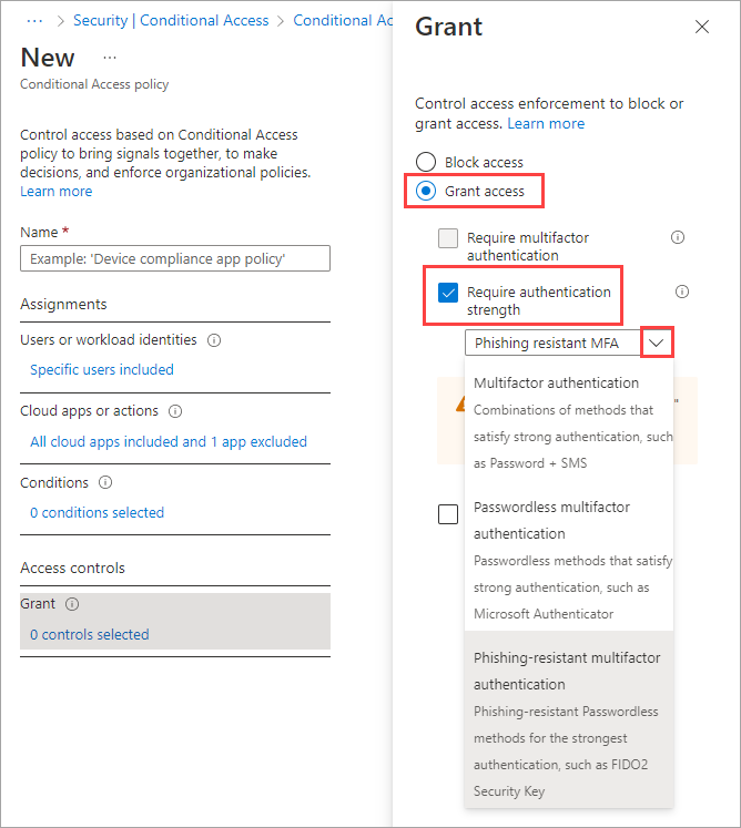 Screenshot showing where to select an authentication strength.