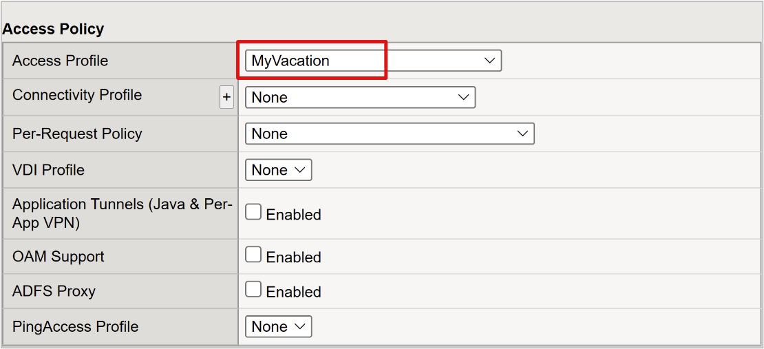 Screenshot of the Access Profile entry under Access Policy.