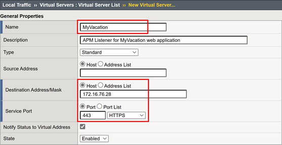 Screenshot of the Name, Destination Address, and Service Port fields and options.