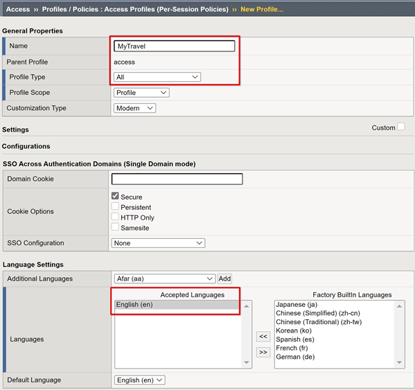 Screenshot of entries for Name, Profile Type, and Accepted Language.