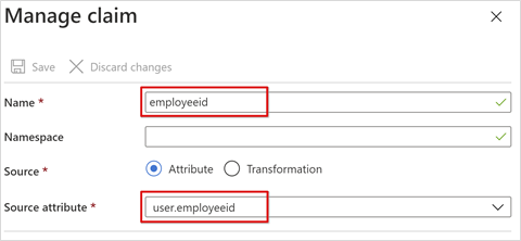 Screenshot of input for Name and Source attribute, in the Manage claim dialog.