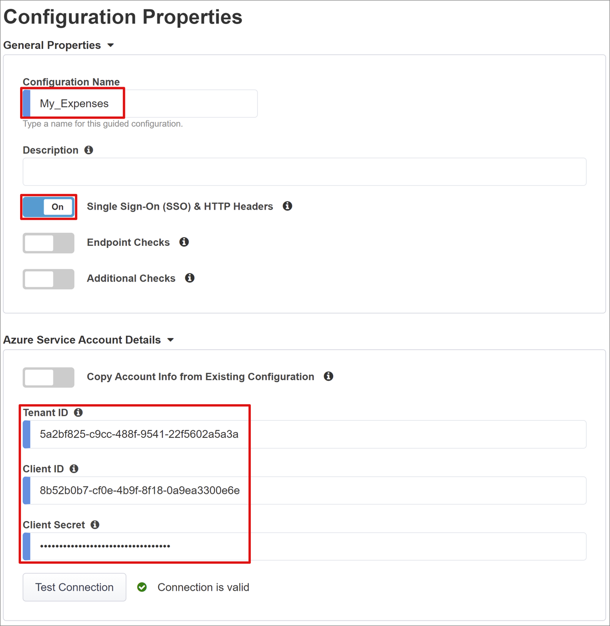 Screenshot of Configuration Name, SSO and HTTP Headers, and Azure Service Account Details entries.