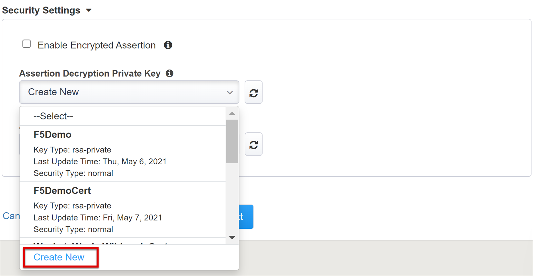 Screenshot of Create New in the Assertion Decryption Private Key list.