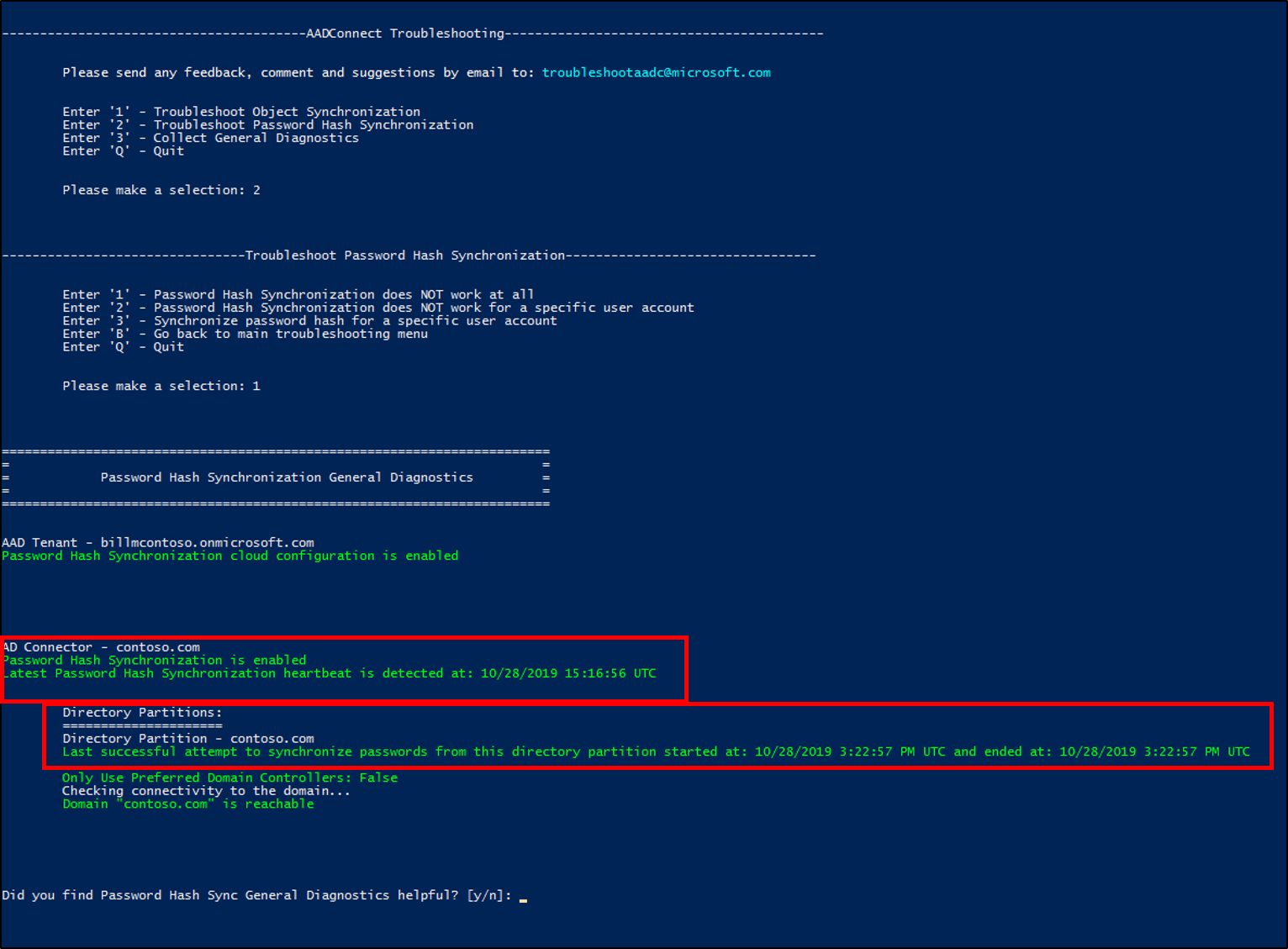 Screenshot of the Microsoft Entra Connect Troubleshooting log