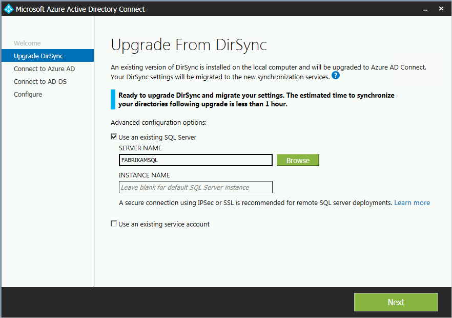 Screenshot that shows the existing SQL database server that's being used.