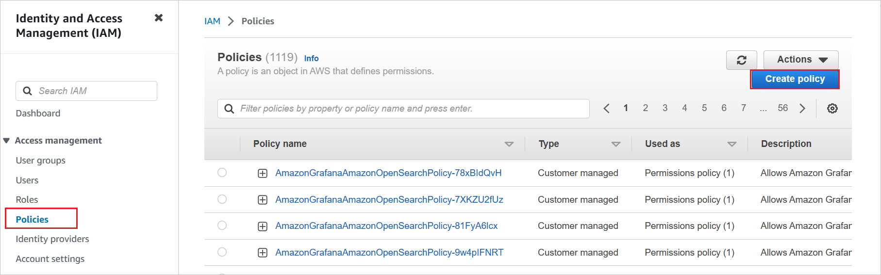 Screenshot of IAM section, with Policies highlighted.
