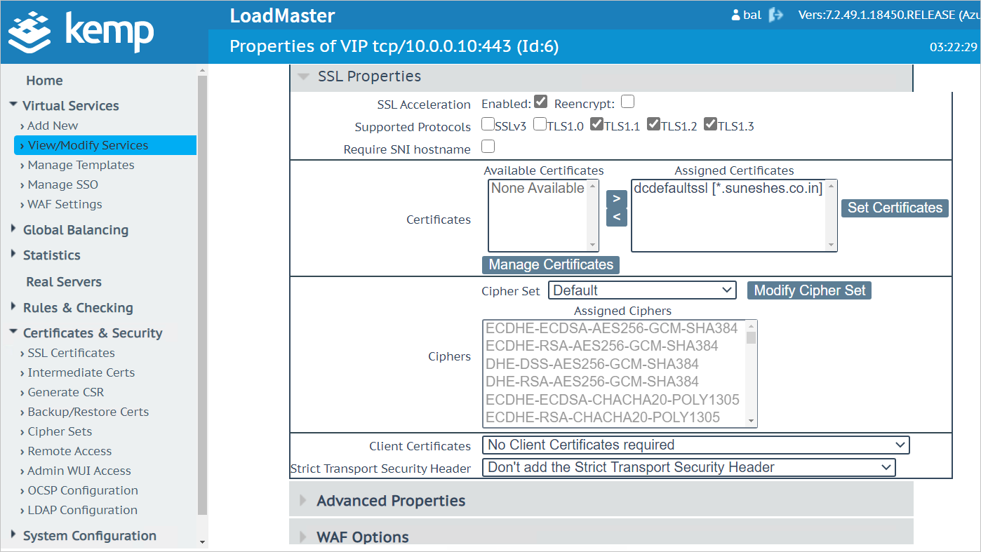 Screenshot that shows the "S S L Properties" section with "S S L Acceleration - Enabled" selected and an example certificate selected.