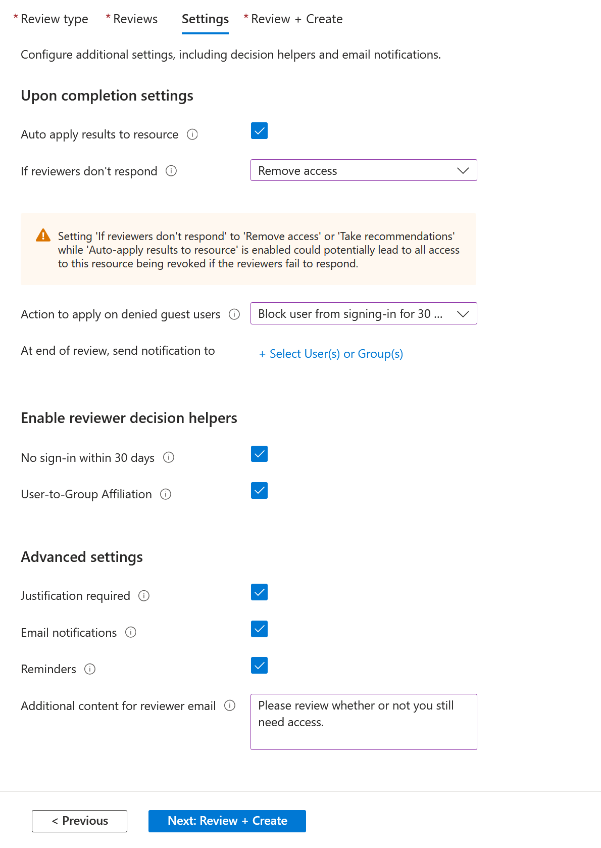 Screenshot shows the settings dialog for multi-stage review for guests to self-attest continued access.