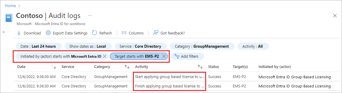 Screenshot of the Microsoft Entra audit log filters and start and end times of license changes.