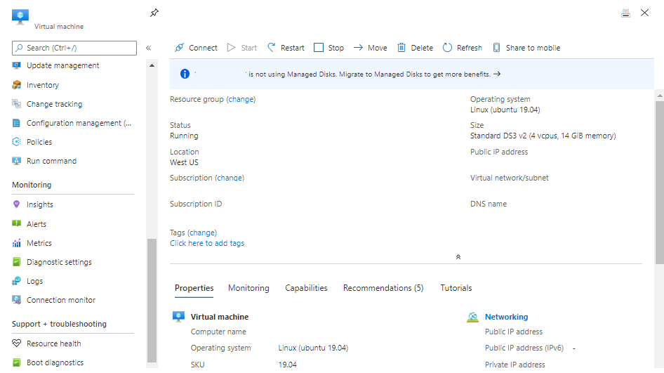 Screenshot of the Azure portal with the 'Run Command' option in the left pane.