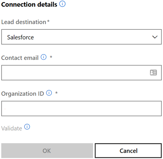 Connection details pop-up window Validate Contact email box.