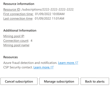 Screenshot that shows the bottom of a security alert, with options to cancel a subscription, manage a subscription, or go back to alerts.