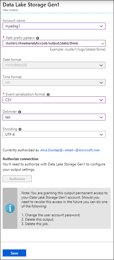 Screenshot of the Data Lake Storage Gen 1 - new output blade.