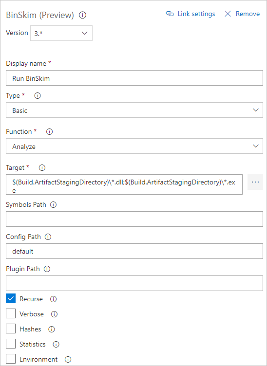 Configuring the BinSkim build task