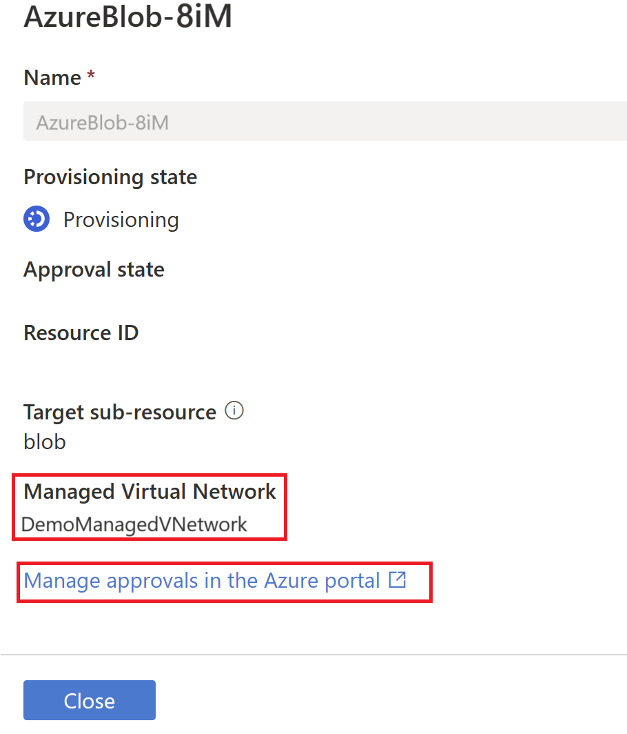 Screenshot that shows the approval for managed private endpoint for data sources