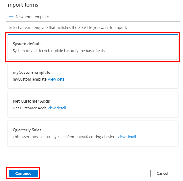 Screenshot of the template list for importing a term, with the system default template highlighted.