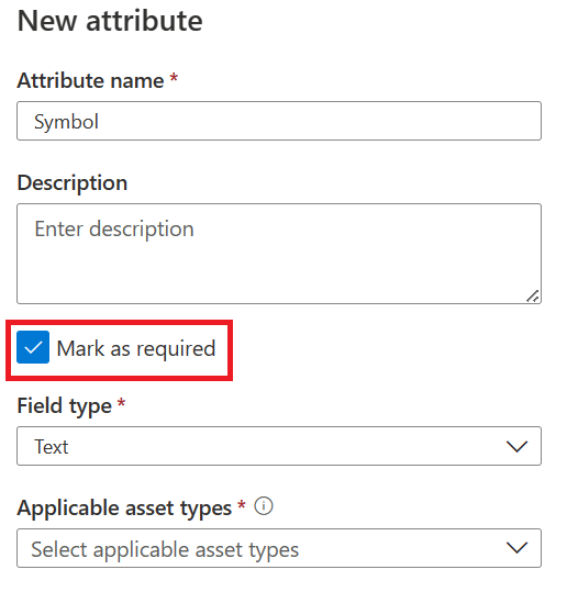 Screenshot of the mark as required flag on a new attribute being created as a part of a new attribute group.